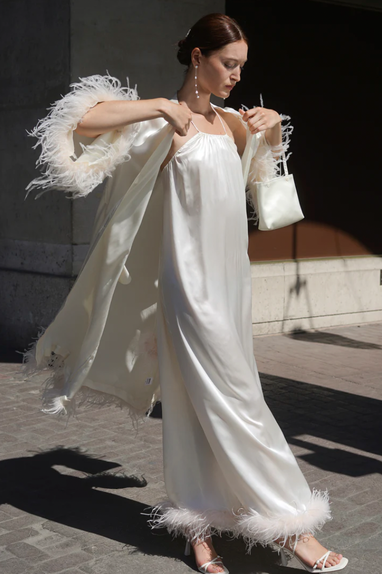 Bride-To-Be Edition | Silk Long Robe with Removable Feathers